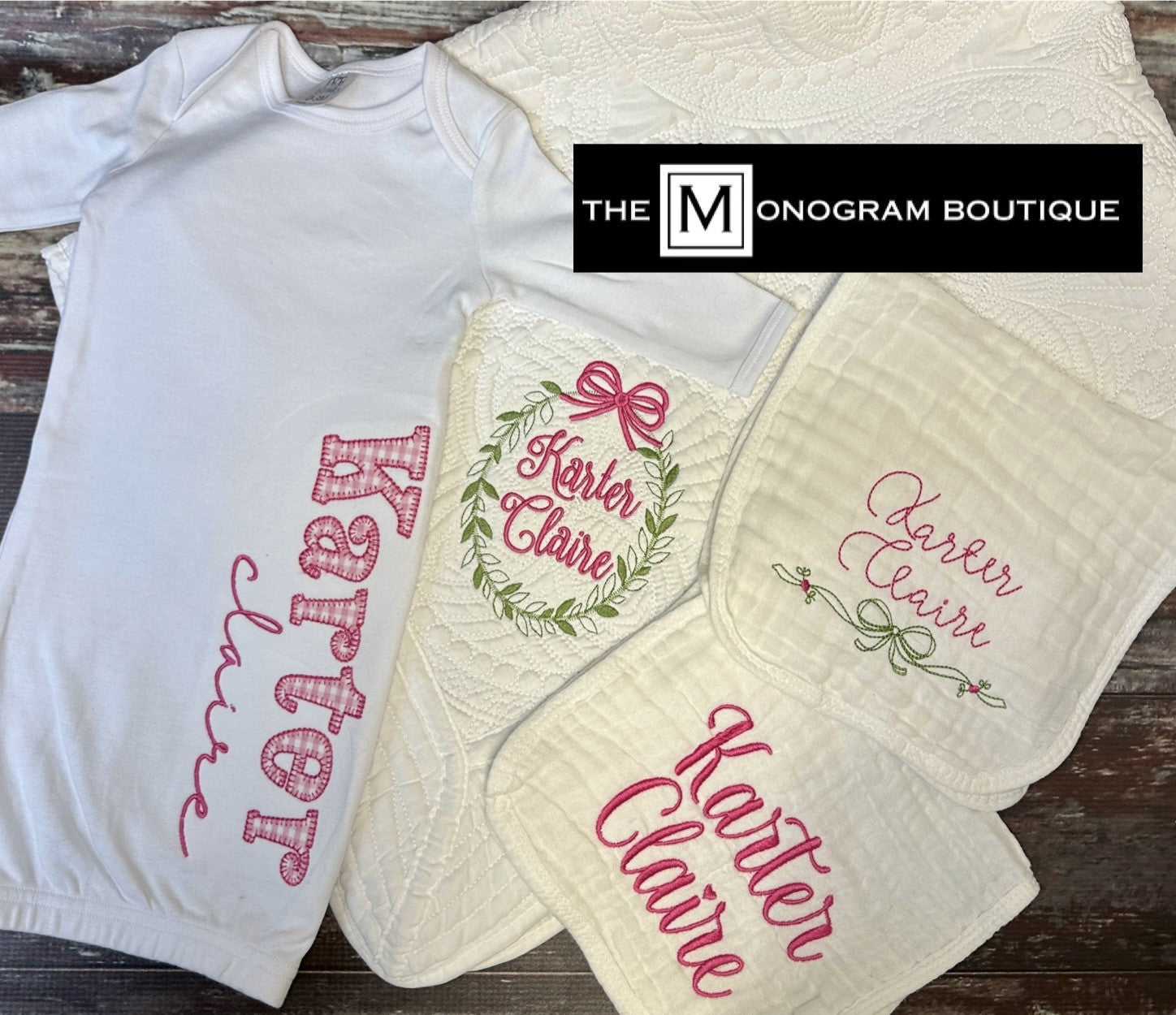 Womb mates embroidered infant gowns with monogrammed store beanies